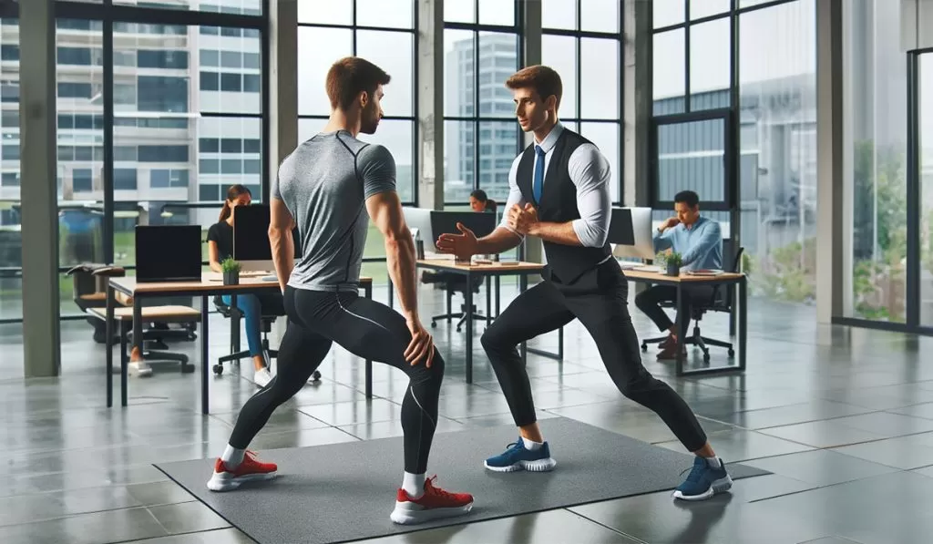 Stretch achter bureau in kantoor